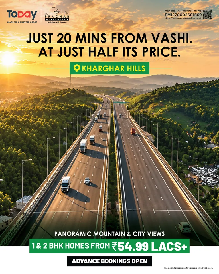 Supplied Today Kharghar Hills campaign creative with representative hillside scenery, 1 and 2 BHK pricing and advance booking invitation