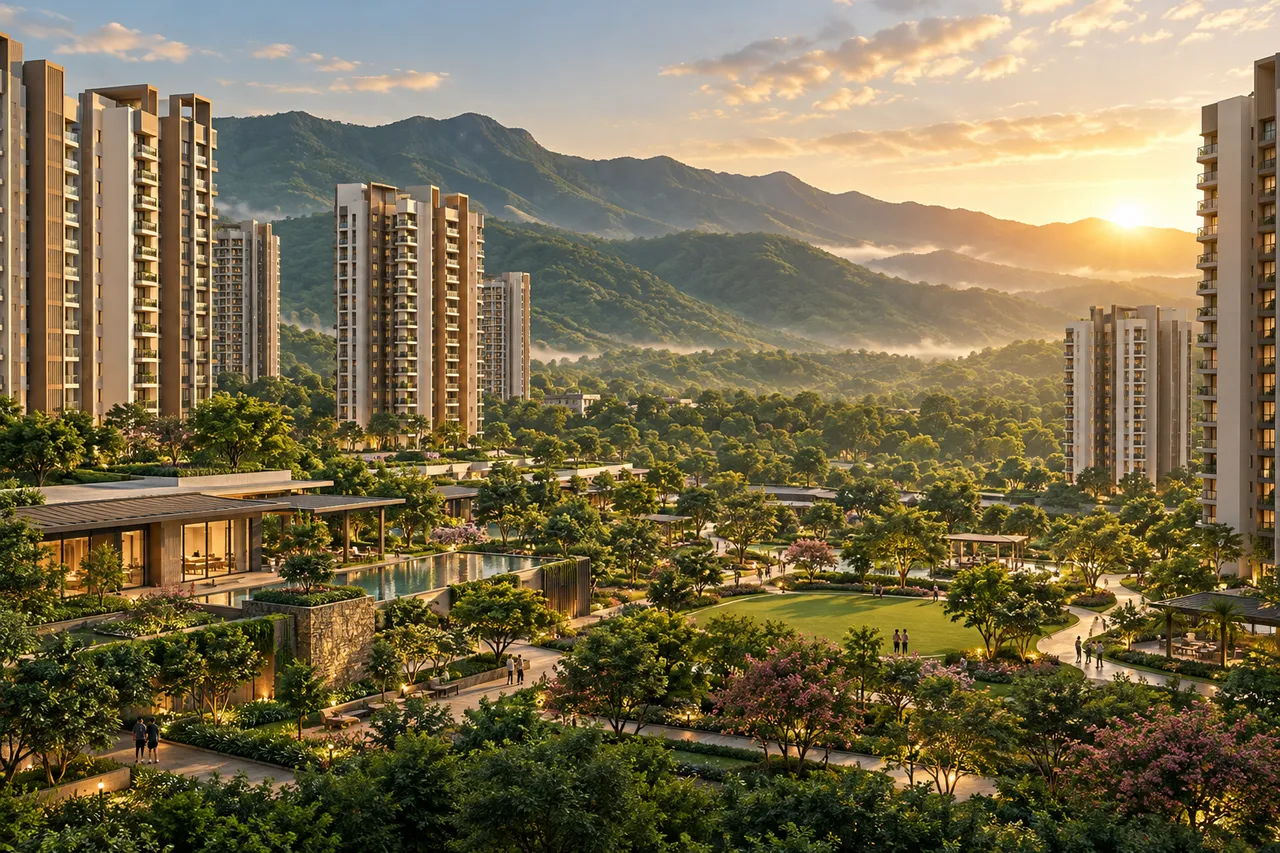 AI-generated lifestyle illustration of high-rise homes and green hill surroundings; not an actual project rendering